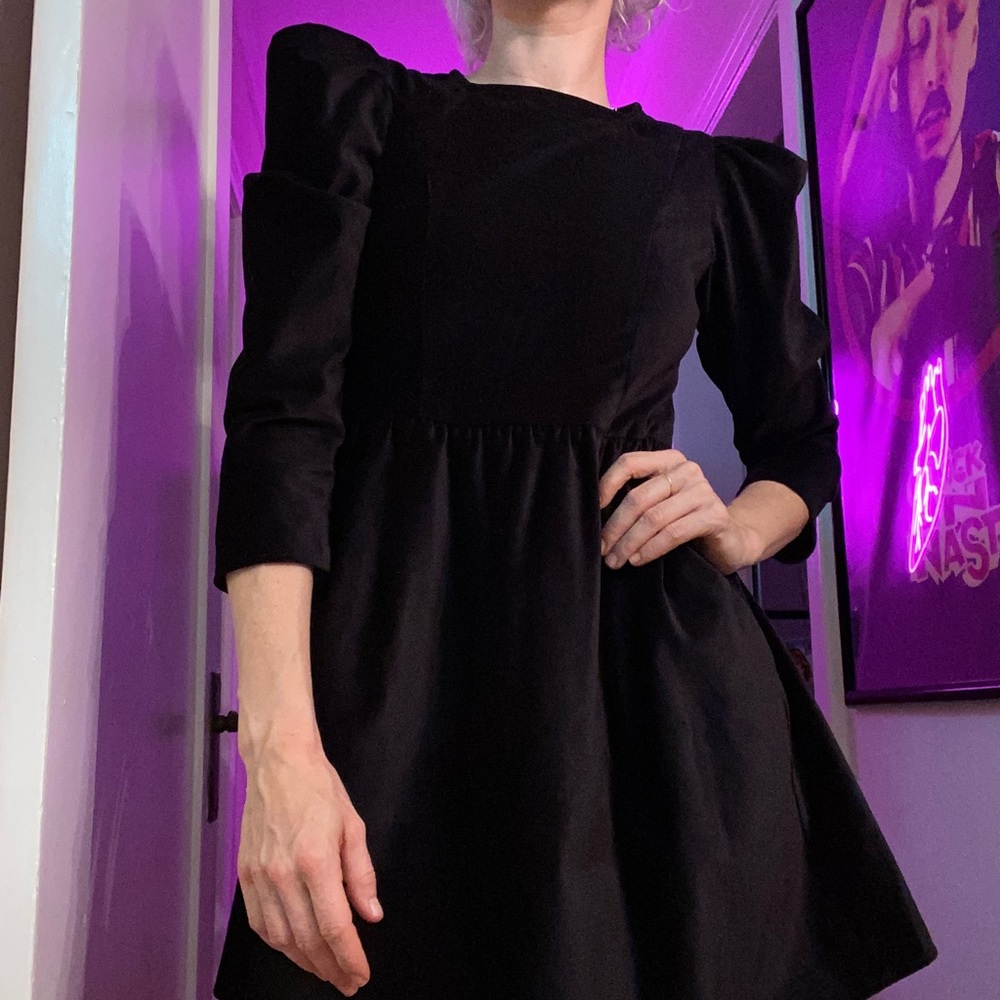 BATSHEVA / Square Neck Mini Prairie Dress in Black Velvet